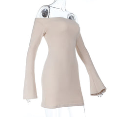 Off shoulder long flared sleeve solid mini dress