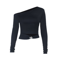 One shoulder long sleeve hollow out ruched cut out top