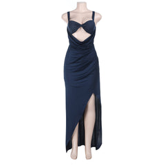 Polka dot hollow out slit ruched cami cut out maxi dress