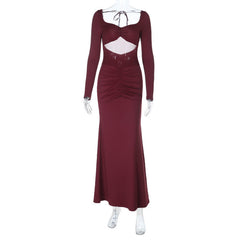 Long sleeve hollow out ruched mesh patchwork cut out maxi dress