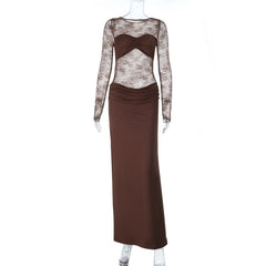 Long sleeve lace patchwork ruched maxi dress