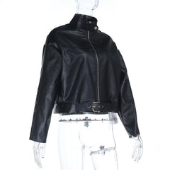 Long sleeve high neck PU leather zip-up coat top