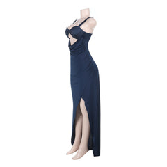 Polka dot hollow out slit ruched cami cut out maxi dress