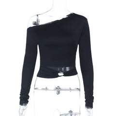 One shoulder long sleeve hollow out ruched cut out top
