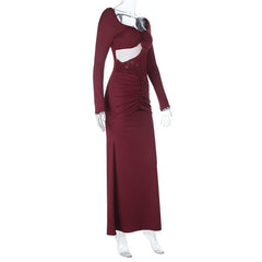 Long sleeve hollow out ruched mesh patchwork cut out maxi dress