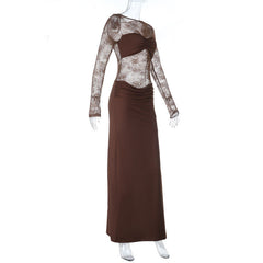 Long sleeve lace patchwork ruched maxi dress
