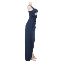 Polka dot hollow out slit ruched cami cut out maxi dress
