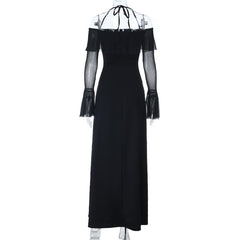 Long flared sleeve off shoulder ruffle maxi dress