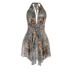 Halter v neck mesh contrast ruffle mini dress
