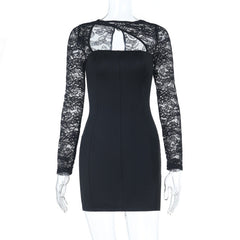Long sleeve lace patchwork hollow out cut out mini dress