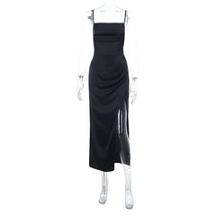 Square neck high slit ruched cami maxi dress