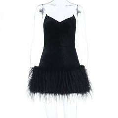 V neck fluffy velvet zip-up mini dress
