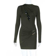 Long sleeve hollow out crewneck solid cut out mini dress