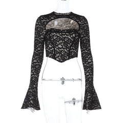 Long flared sleeve crewneck lace hollow out cut out top