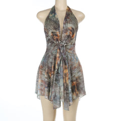 Halter v neck mesh contrast ruffle mini dress