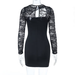 Long sleeve lace patchwork hollow out cut out mini dress