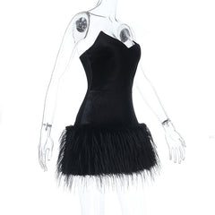 V neck fluffy velvet zip-up mini dress
