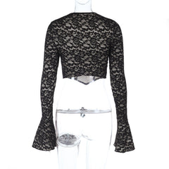 Long flared sleeve crewneck lace hollow out cut out top