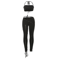 Self tie halter square neck lace up pant set