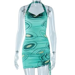 Print halter cowl neck ruched drawstring mini dress