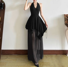 Halter v neck mesh backless maxi dress