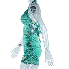 Print halter cowl neck ruched drawstring mini dress