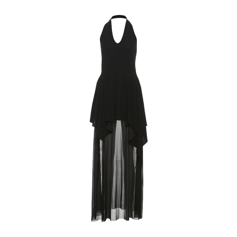 Halter v neck mesh backless maxi dress