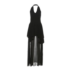 Halter v neck mesh backless maxi dress