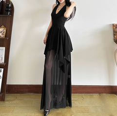Halter v neck mesh backless maxi dress