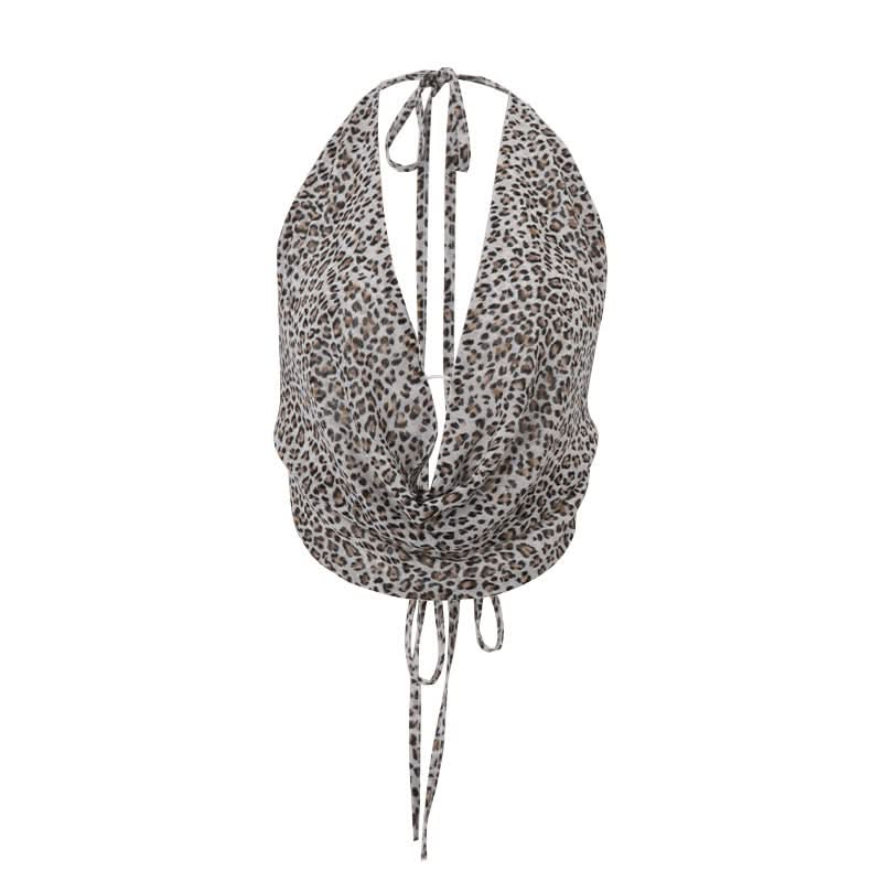 Leopard print cowl neck halter self tie top