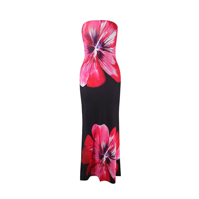 Flower print backless tube maxi dress