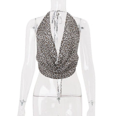Leopard print cowl neck halter self tie top