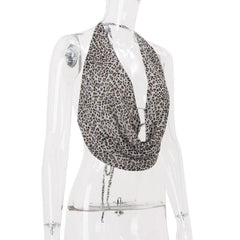 Leopard print cowl neck halter self tie top