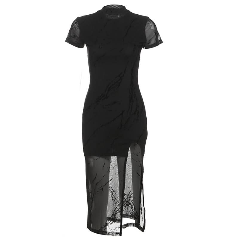 Crewneck short sleeve slit mesh midi dress