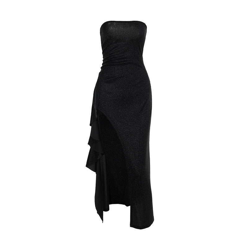 Glitter high slit ruffle tube maxi dress