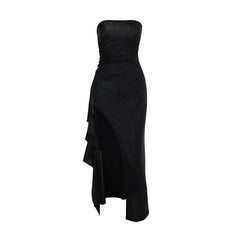 Glitter high slit ruffle tube maxi dress