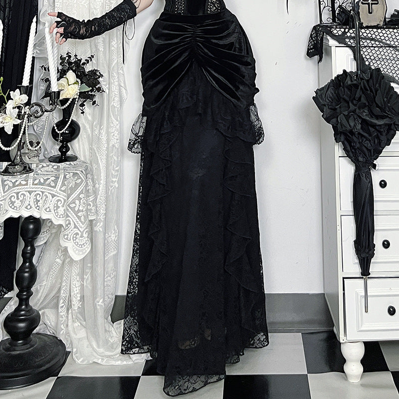 Ruched velvet patchwork lace maxi skirt