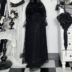 Ruched velvet patchwork lace maxi skirt