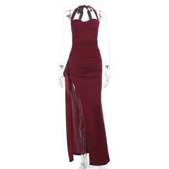 Halter high slit ruched solid maxi dress