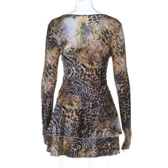 V neck ruffle long sleeve print mini dress