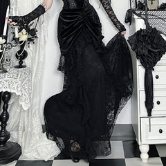 Ruched velvet patchwork lace maxi skirt