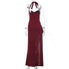 Halter high slit ruched solid maxi dress