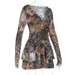 V neck ruffle long sleeve print mini dress