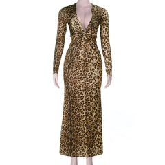 Leopard print v neck long sleeve maxi dress