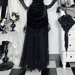 Ruched velvet patchwork lace maxi skirt
