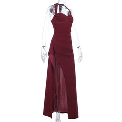 Halter high slit ruched solid maxi dress