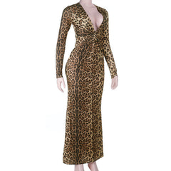 Leopard print v neck long sleeve maxi dress