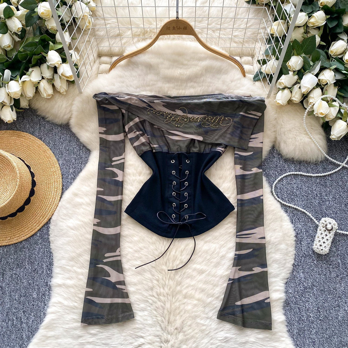 Long sleeve beaded lace up print top