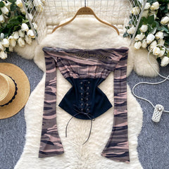 Long sleeve beaded lace up print top