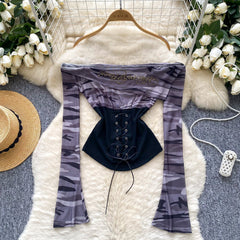 Long sleeve beaded lace up print top